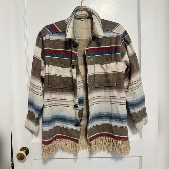 Southwestern flannel button down boho festival Shacket with fringe Size S - Picture 2 of 3